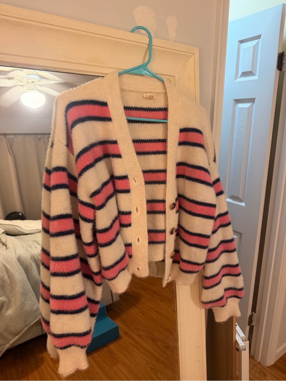 POL White Cardigan with Pink and Black Stripes